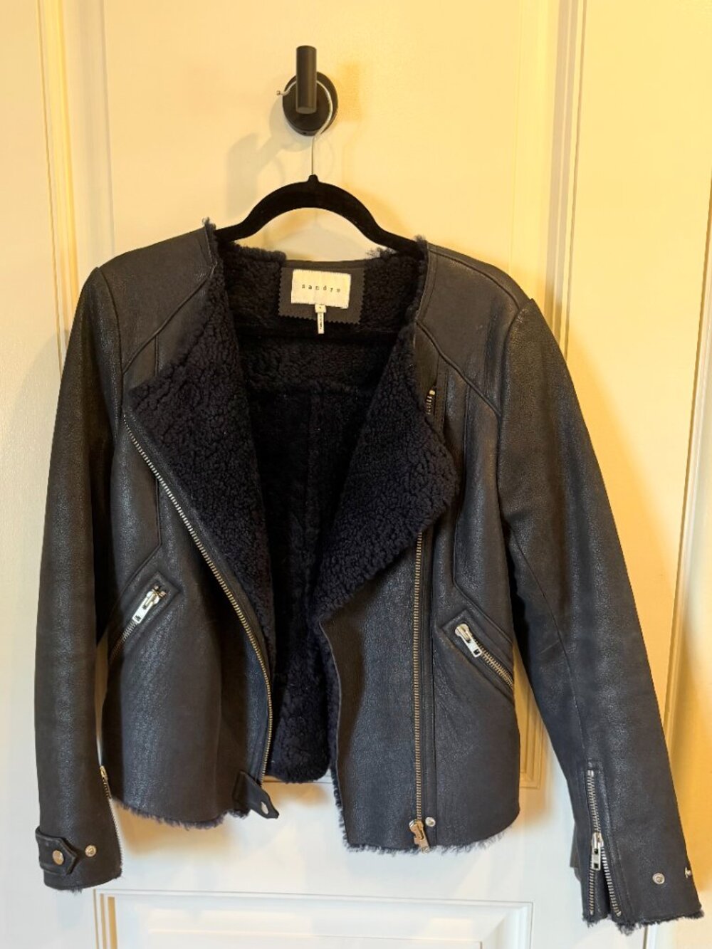 Sandro Paris navy blue lamb leather shearling biker moto jacket size 2 - Picture 2 of 6